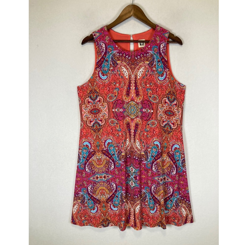 Boho Chic Anne Klein Womens 14 Coral Paisley Medallion Sleeveless Shift Dress
